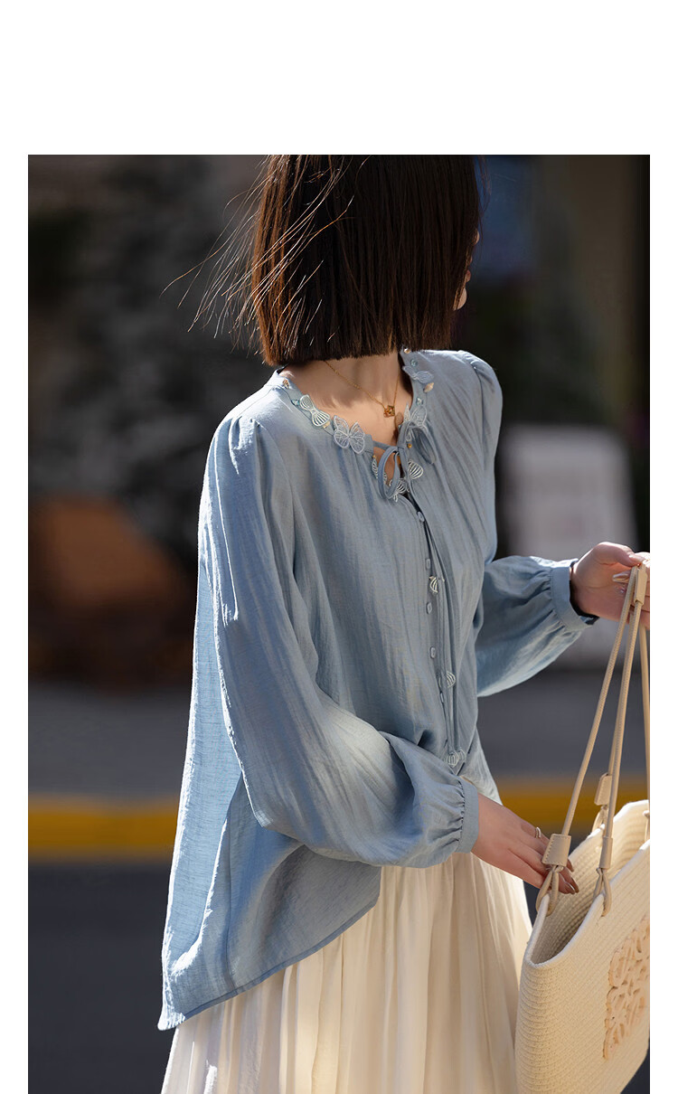 Demana [With Linen] Spring Sweet Style Ribbon Butterfly Shell Puff Sleeve Loose Fit Petite Women's Shirt 14