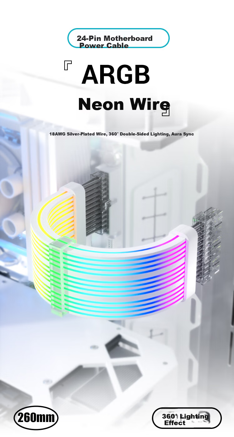 ZHENWEI 8Pin Neon Light Cable 6+2P GPU Power Extension ARGB Sync 360° Silicone Double-Sided Lighting 34cm Black 1