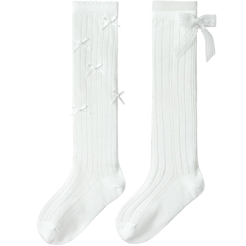 Balabala Girls' Summer Mesh Breathable Thin Mid-Calf Socks Sweet Bow Cotton Stretch 2 Pairs Set