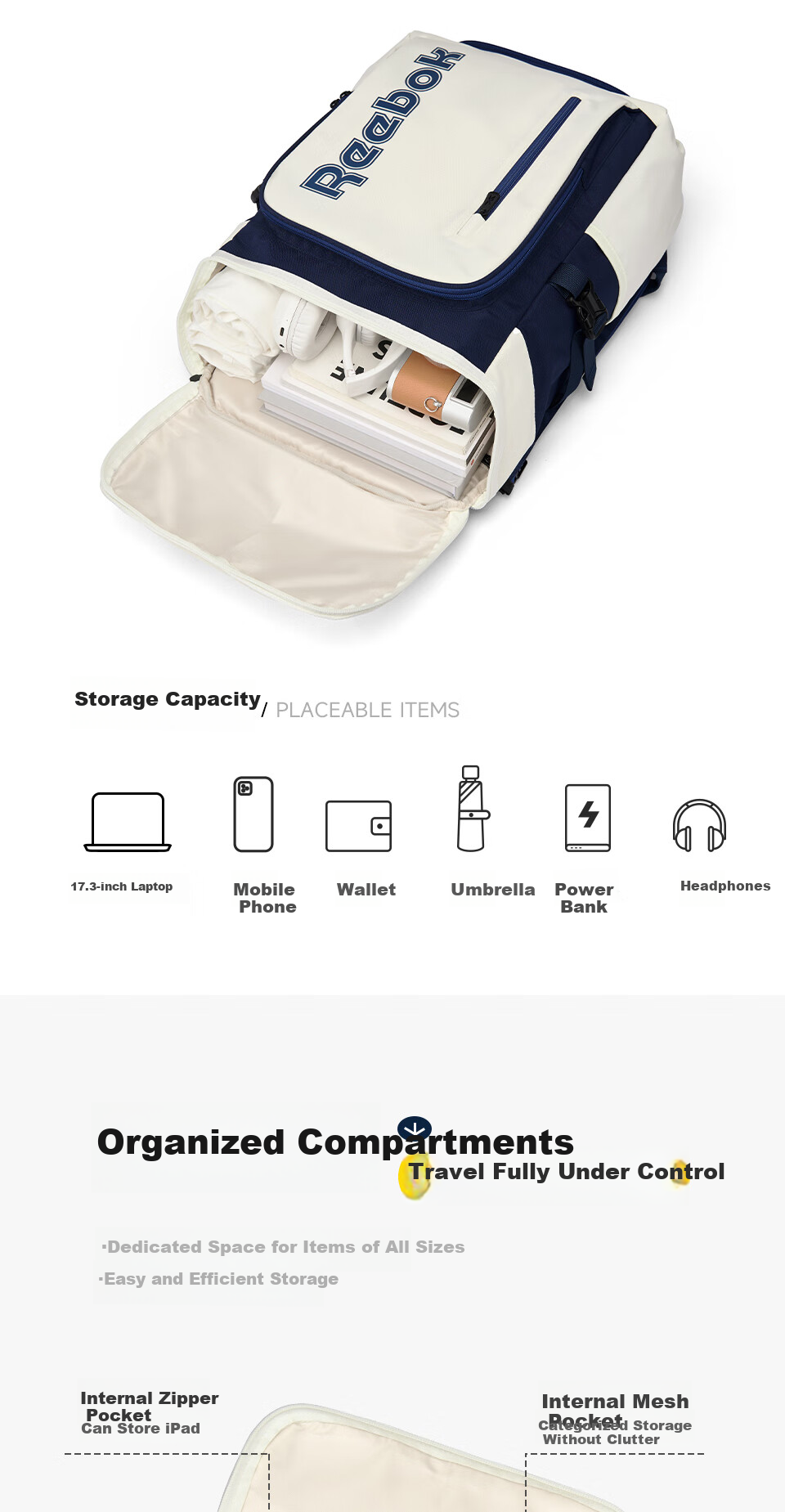 Reebok Badminton Backpack Men's Outdoor Double Shoulder Professional Tennis Training Bag Women's Racket Sports Bag Blue and White 5