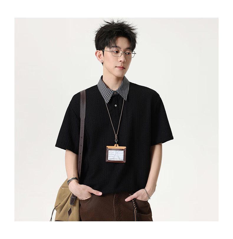 MMOPTOP Vintage Two-in-One Short Sleeve Plaid Jacquard Polo Shirt Men Summer Loose Fit Collared T-Shirt MP21 Black 3XL 14