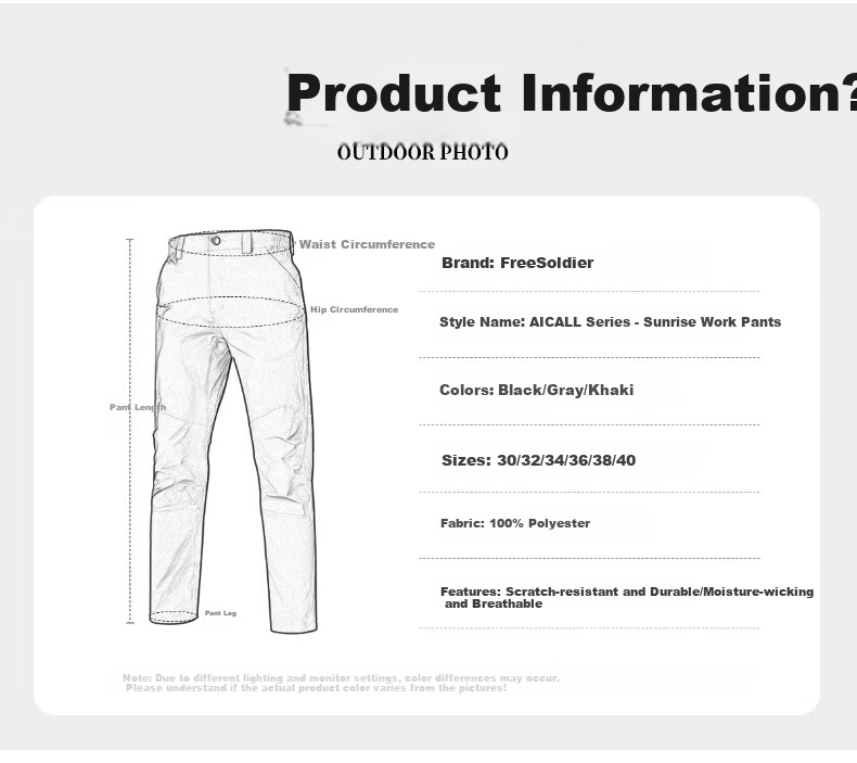 Free Soldier Asahi Tactical Work Pants Outdoor Stretch Breathable Men's Casual Scratch-Resistant Durable Work Pants Khaki 30W/30L 21