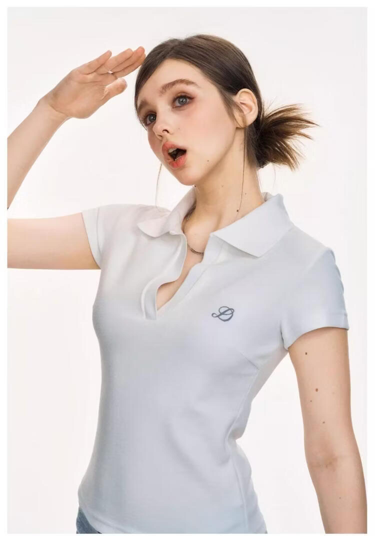 ICH MODE Vintage Polo Collar Short Sleeve T-Shirt Women 2026 Summer New Slim Fit Cropped Top White L 17