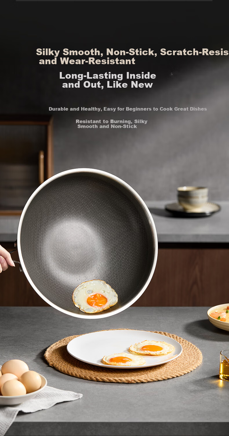 Midea Non-Stick Wok, Household Frying Pan, Flat Bottom Pan, 316L Stainless Steel Cooking Pot, Compatible with Induction Cooker And Gas Stove, Frying Egg Pa 8