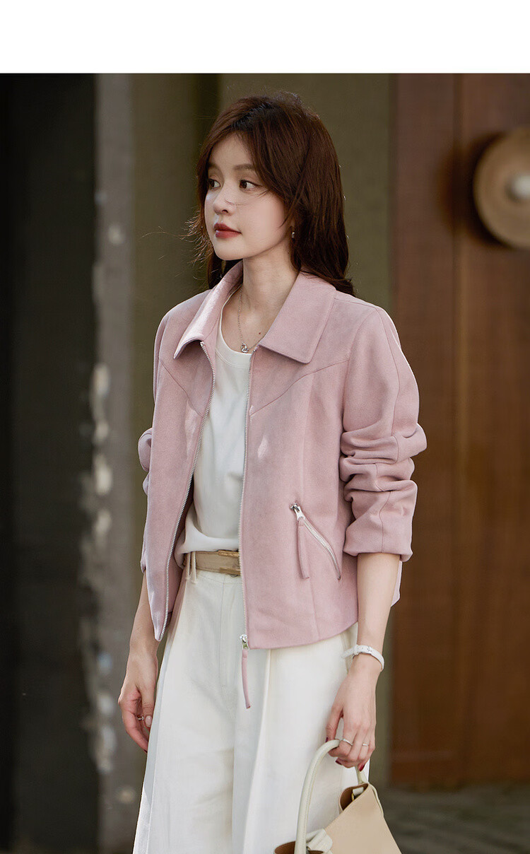Mt [Mist Wild Rose] Spring Sweet Cool Style Suede Lapel Zipper Loose Short Women's Jacket Coat 5