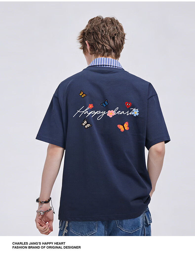Charles Heart-Shaped False Two-Piece Cotton Couple Short Sleeve Polo Shirt with Butterfly Print Navy Blue S 12