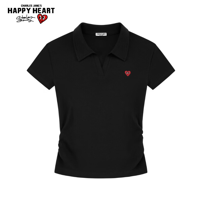 Charles Peach Heart Summer Commuter Style Solid Color Heart Logo Short Sleeve Polo Shirt for Women Simple Slim Fit Black S