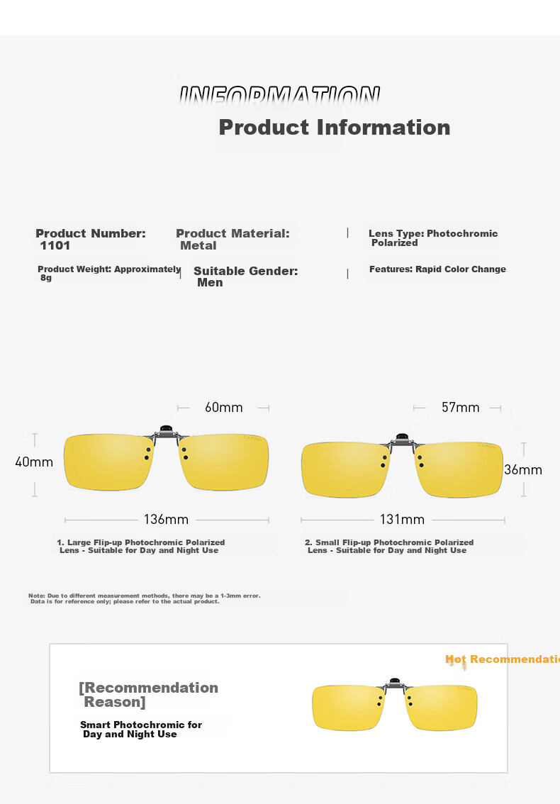 Jiaboli Night Vision Clip-On Polarized Photochromic Sunglasses for Driving, Unisex Flip-Up Day and Night Use Glasses 19