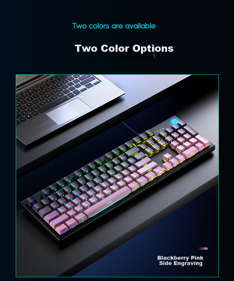 HP Mechanical Feel Gaming Keyboard with Wired Quiet Thin Film Switches for Computer Laptop Office Use, 104 Keys, Splash-Resistant Backlit High Aesthetic Value, Blackberry Pink Side Engraving 10