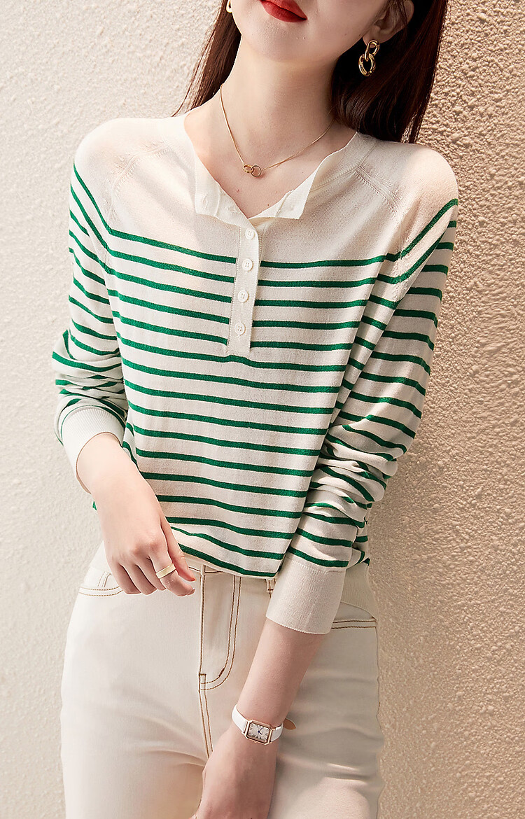 Demana Japanese Style Artistic Commuter Spring Autumn Colorblock Striped Round Neck Slimming Knit Sweater 22