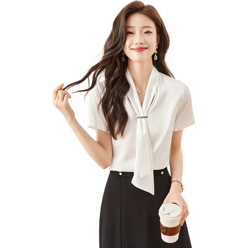 Jeanswest Women's Summer Fashion Chiffon Casual Short Sleeve Professional V-Neck Ribbon Blouse Blue L