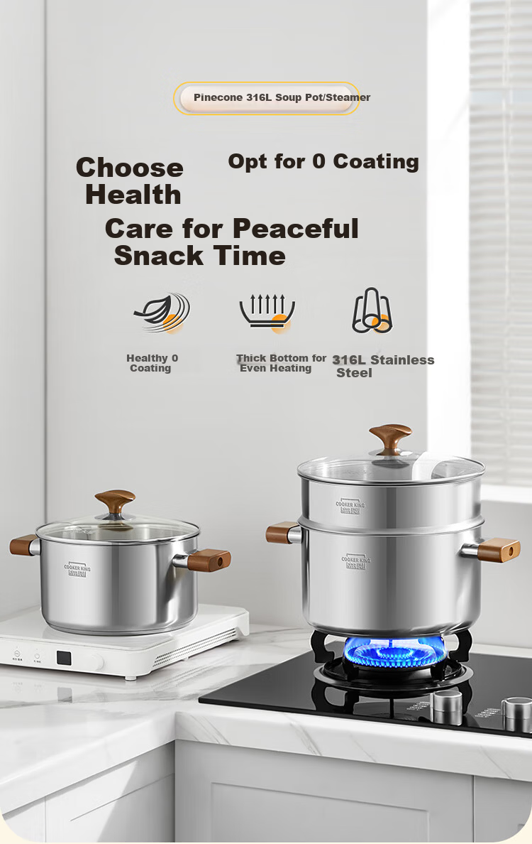 COOKER KING 316L Stainless Steel Soup Pot Baby Food Supplement Pot Stew Pot Steamer Double Handle Porridge and Noodle Cooking Pot 22cm 1