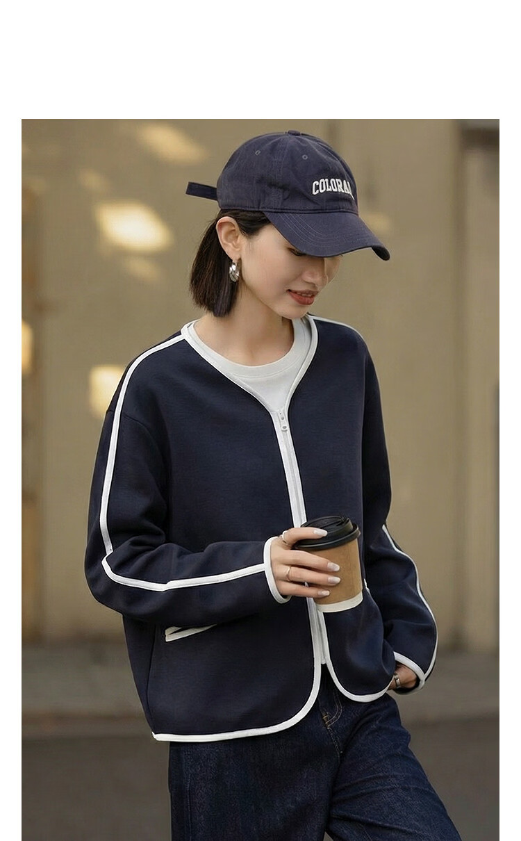 Demana 350G Air Layer Spring Cozy Little Fragrance V-Neck Color-Block Boxy Short Loose Women's Jacket 17