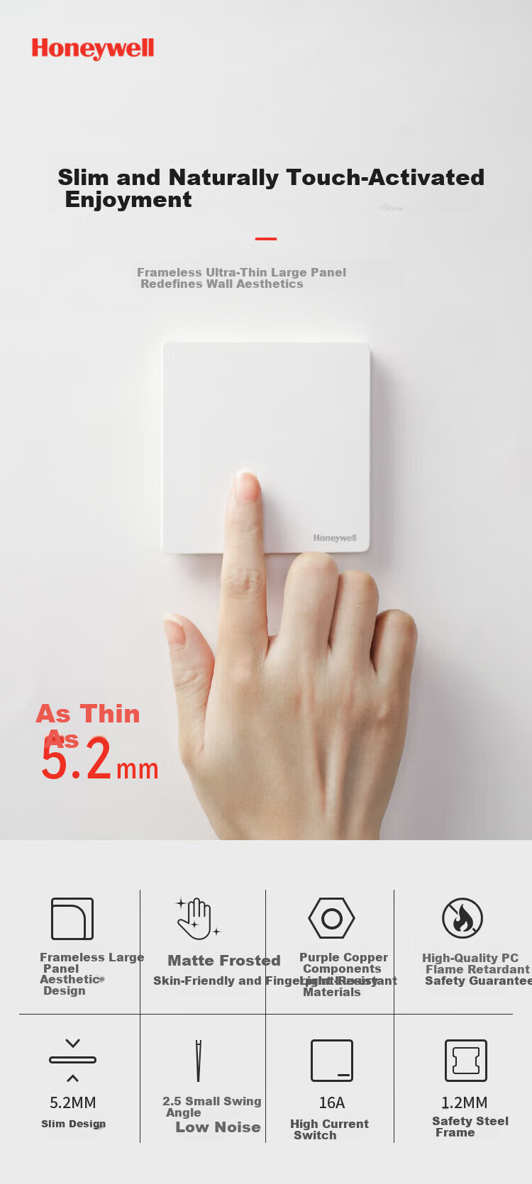 Honeywell Ultra-Thin Frameless Switch Socket Panel Matte Skin-Friendly 86 Type Two-Gang Multi-Control Ruiyi T3 Phantom Night Black 1