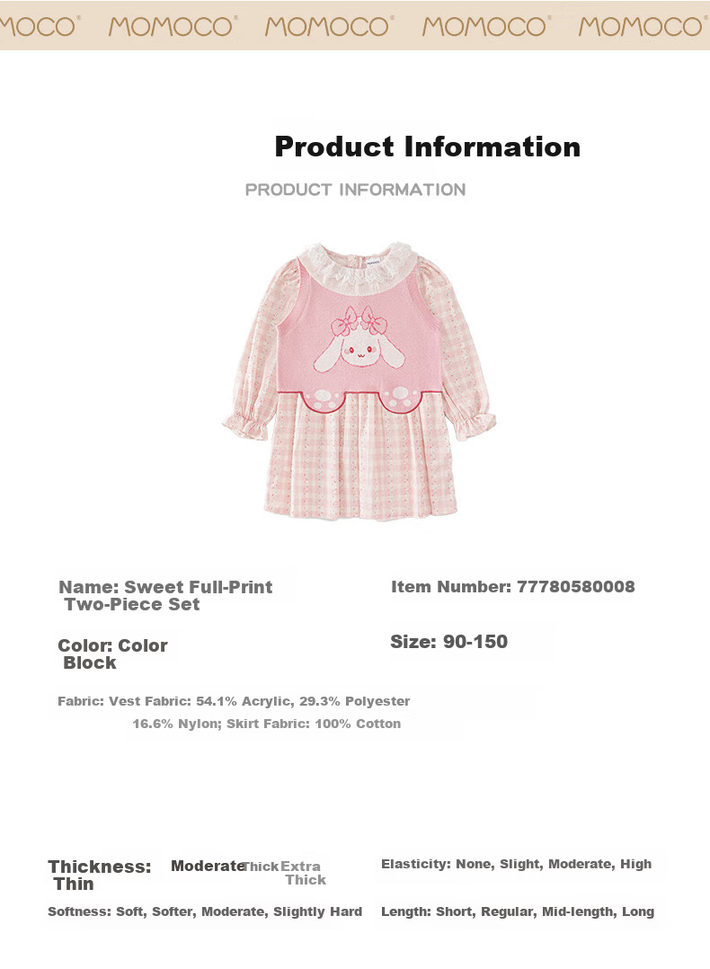 MOMOCO Girls' Autumn Sweet Printed Two-Piece Set, Size 140 4