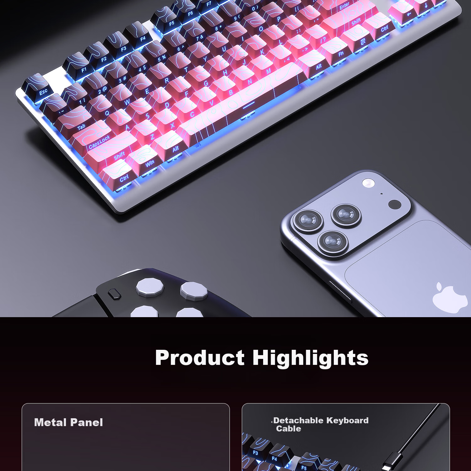 AOC GK200 Mechanical Keyboard Contour Side-Printed Wired Gaming Keyboard Hot-Swappable RGB Backlit 87-Key Anti-Ghosting Blackberry Pink Tea Switch 2
