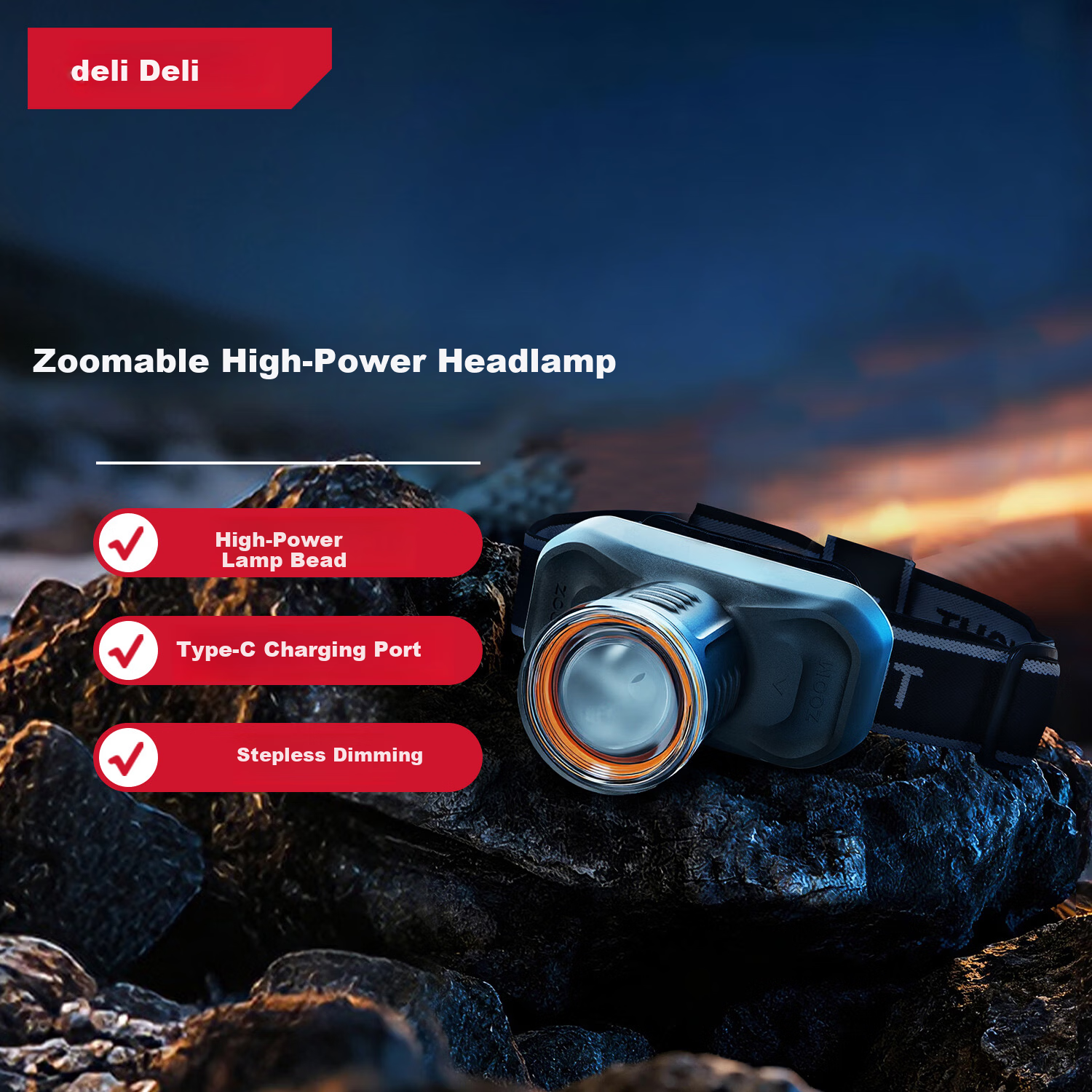 Deli Headlamp High Brightness Long Battery Life Night Fishing Mountaineering Sea Hunting Military Head-Worn 4-Mode Adjustable 90-Degree Rotation