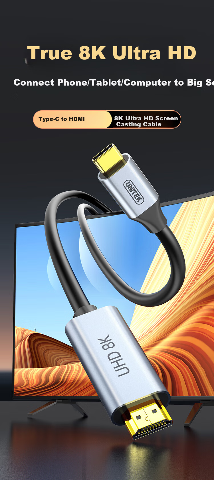 Ugreen Type-C to HDMI 2.1 Adapter Cable 8K UHD Thunderbolt 5/4 Screen Casting Cable 8K60Hz/4K240Hz Compatible with Apple Mac Huawei PC Mobile 1.5m 1