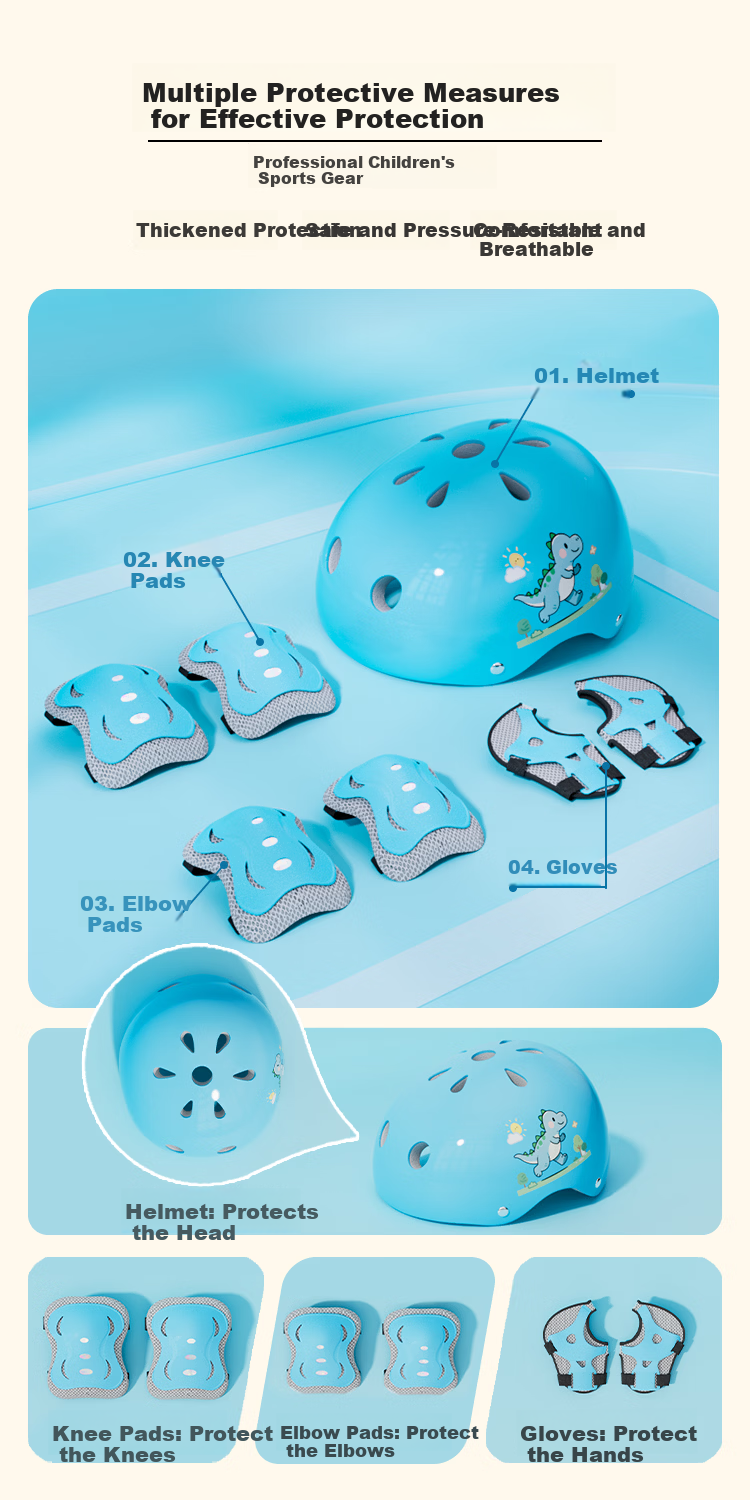 Tongbu Kids Roller Skating Protective Gear Set Skateboard Balance Bike Cycling Outdoor Sports Helmet and Pads 7-Piece Set Blue 4