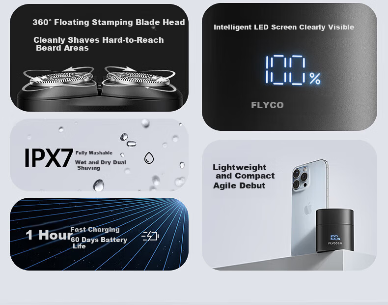 FLYCO Portable Electric Shaver for Men Dual-Head Rotary Waterproof Beard Trimmer F6 Starry Night Black Gift for Boyfriend Husband Father 4