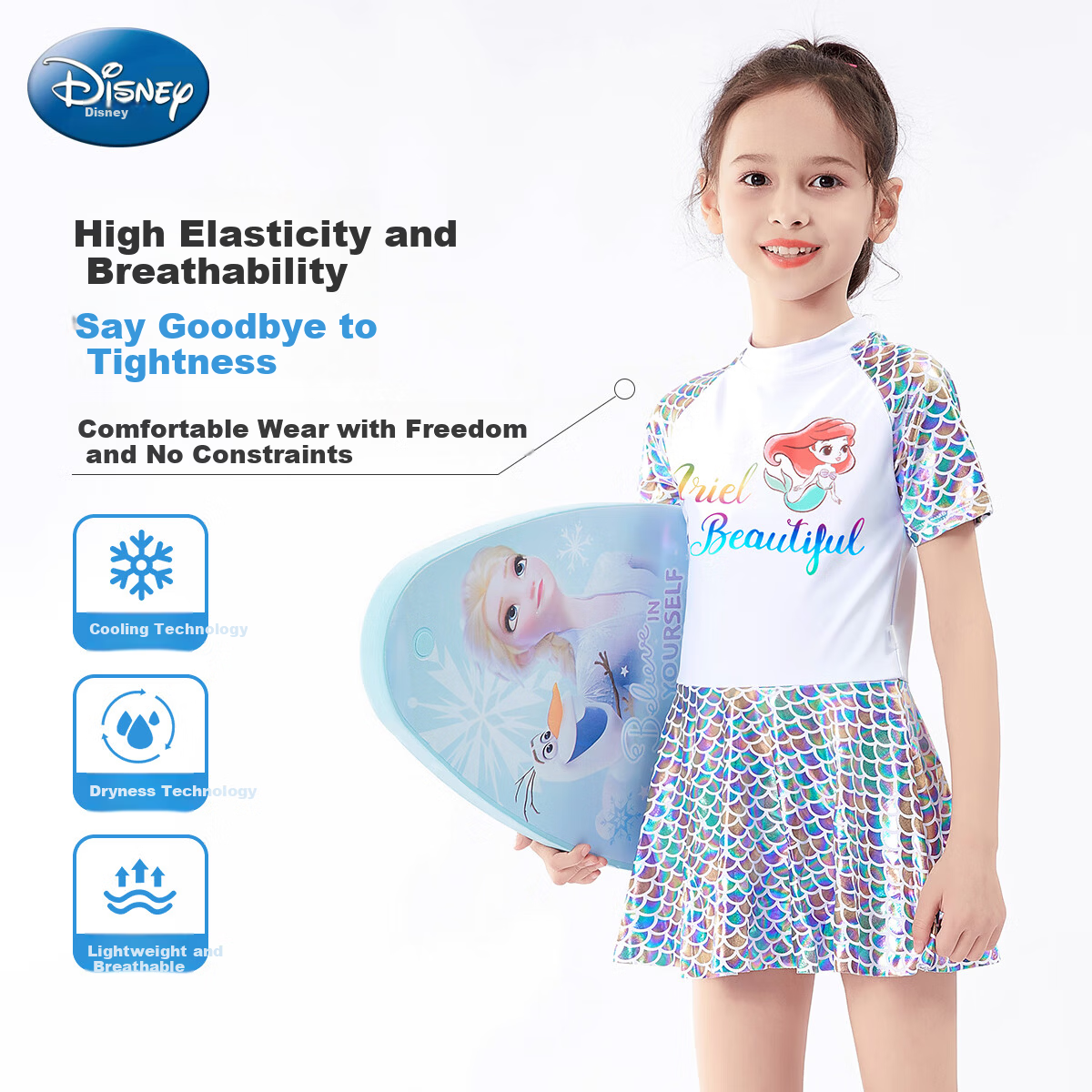 Disney Girls' One-Piece Swimsuit Summer Kids High Elastic Breathable Children's Swimsuit DEE25948-D White Size 150