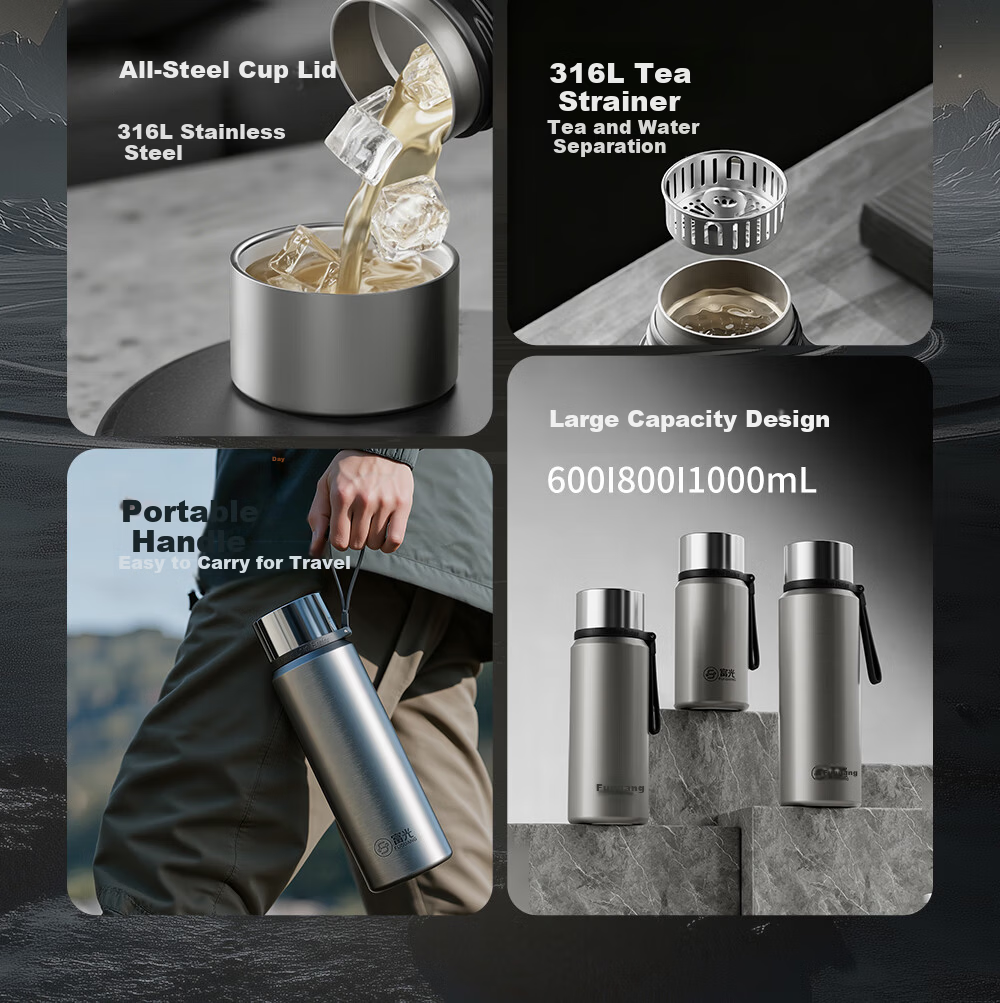 Fuguang Large Capacity Insulated Bottle 316L Stainless Steel Full Steel Lid Water Bottle Men Women Tea Separation Brewing Cup Student Cup 3
