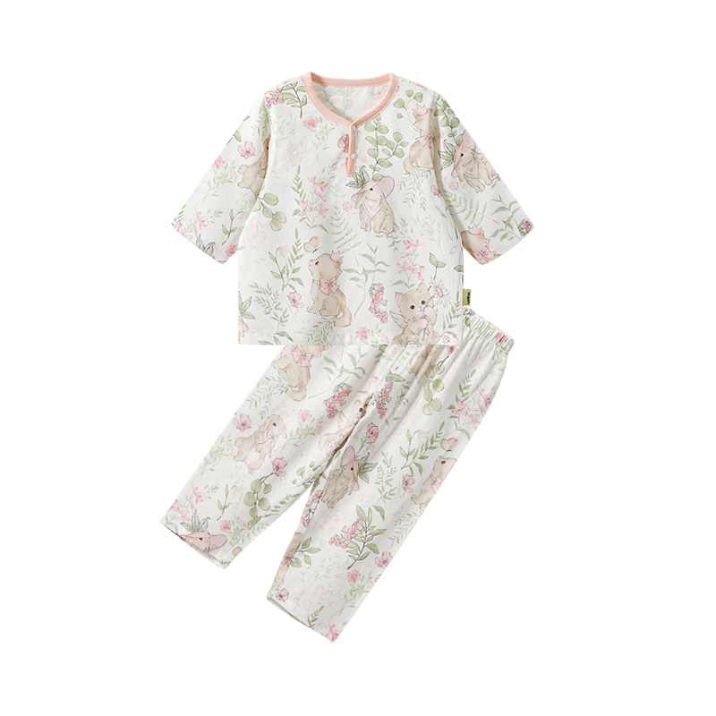 WELLBER Kids Pajamas Homewear Boys Girls Bamboo Cotton Gauze Two-Piece Set Sakura Bunny 3/4 Sleeve Size 90