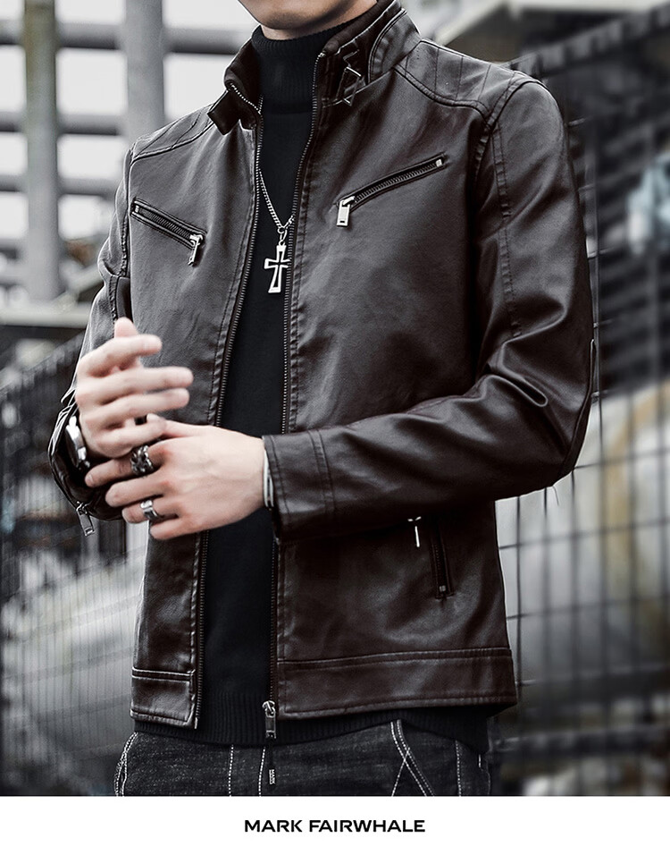 MARK FAIRWHALE Men's Leather Work Jacket Spring Autumn Stand Collar Biker Coat Coffee M 5