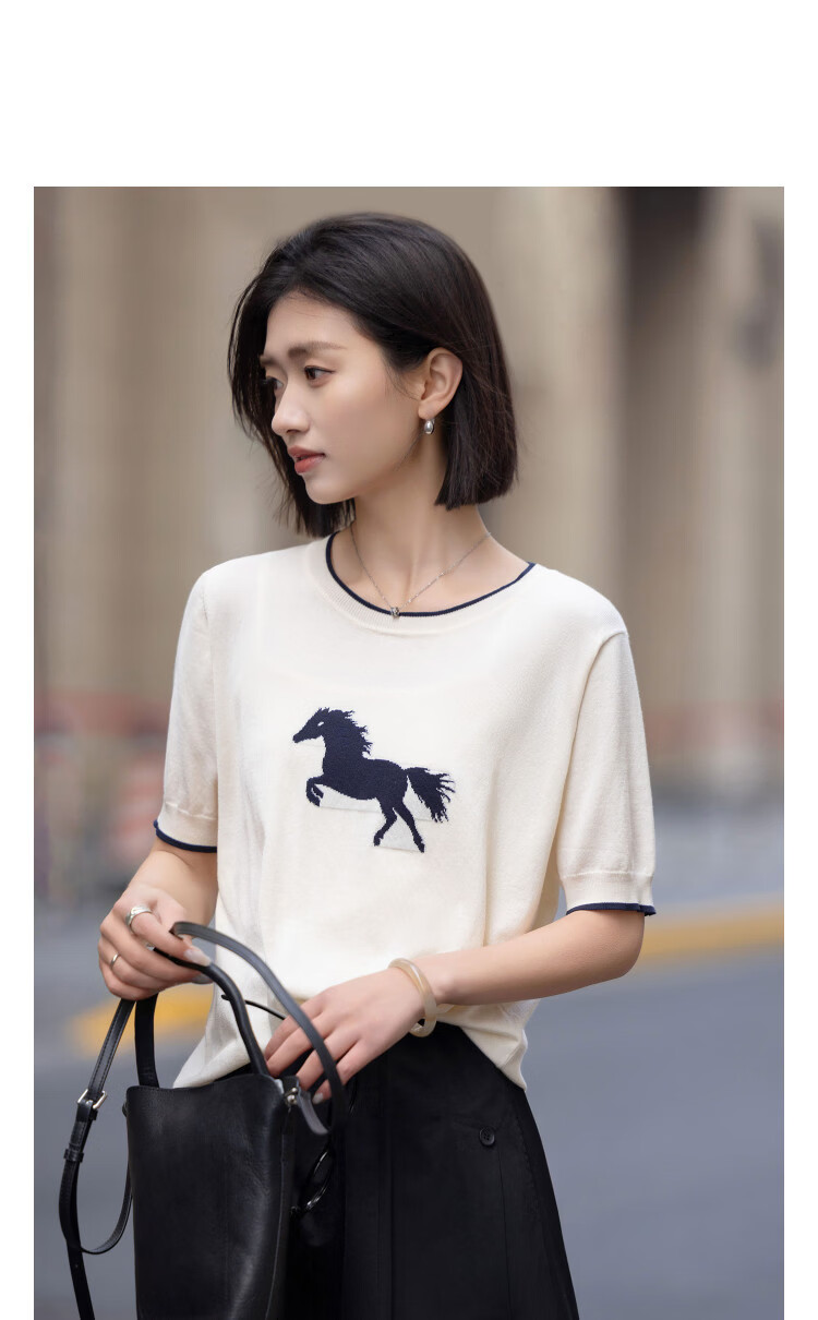 Demana Eco-friendly Lyocell Summer Pony Jacquard Color-block Slim Fit Short Sleeve Knit Top for Women 8