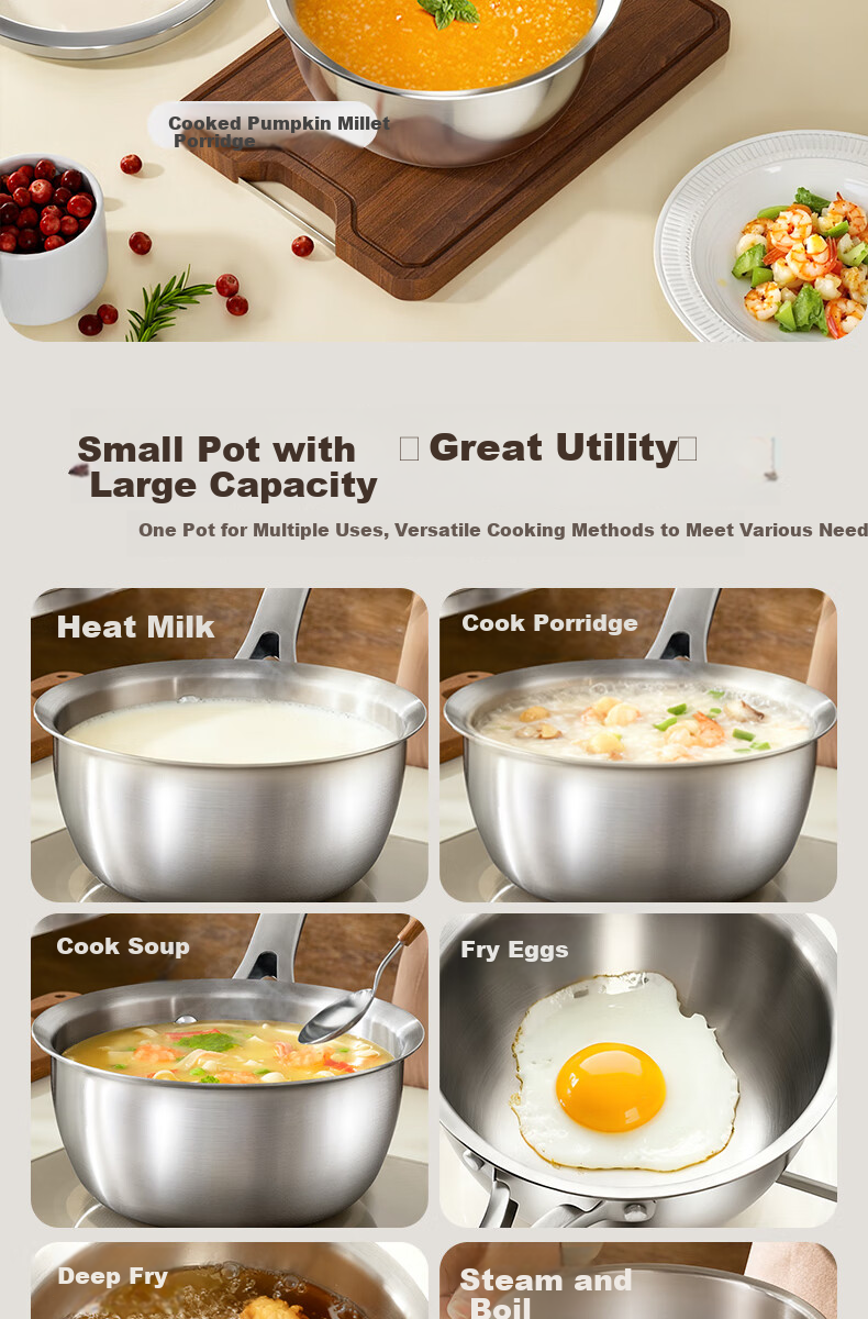 KBH 18cm 316L Stainless Steel Baby Milk Pot with Steamer Basket, Multi-functional Infant Cooking Pan for Boiling and Frying 8