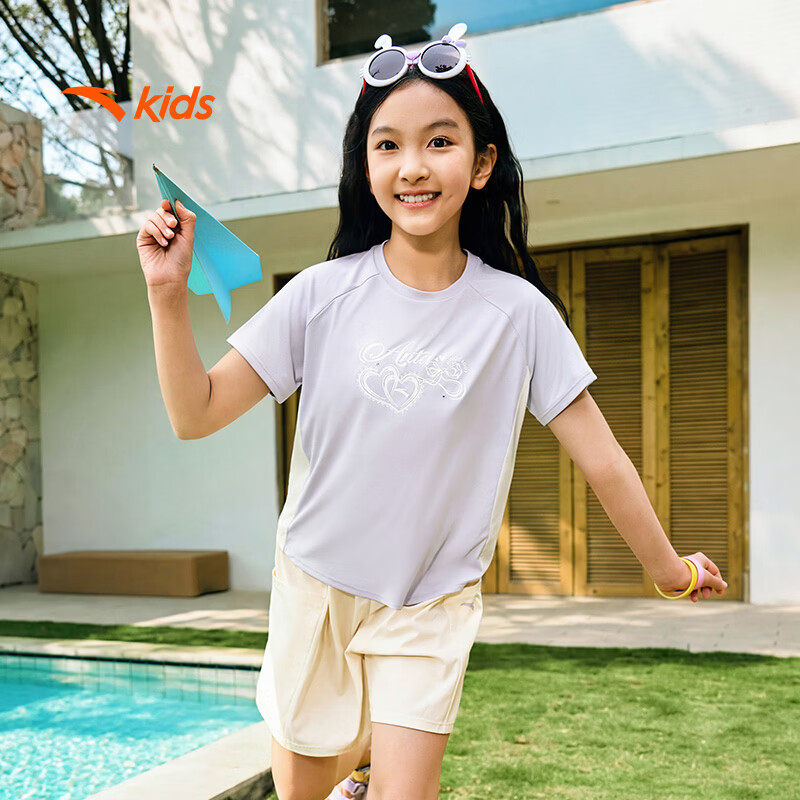 ANTA Kids Girls Summer 2026 Breathable Quick-Dry Short Sleeve T-Shirt and Shorts Sports Two-Piece Set A62627701