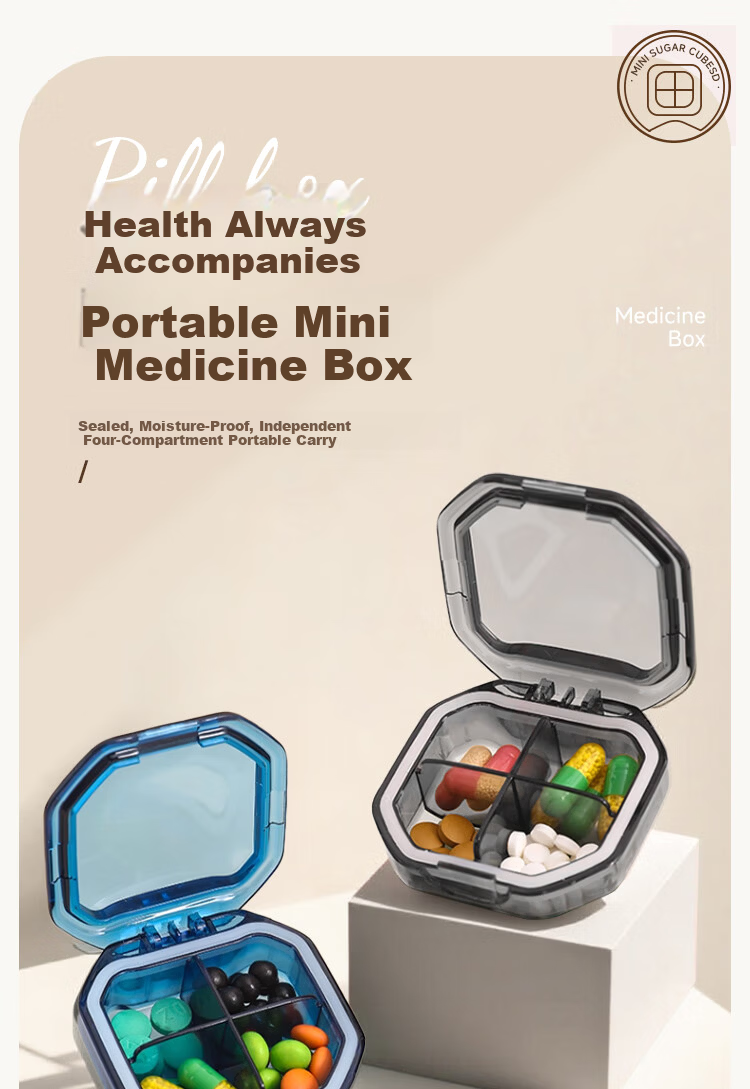 Qihaiqiu Mini Portable Daily Pill Box Travel Medicine Organizer Sealed Moisture-Proof 4-Compartment Blue 1