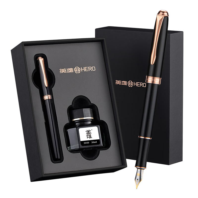 HERO Fountain Pen 850, Elegant Black, Business Signature Pen for Men And Women, Office Pen Gift Box with Ink Set
