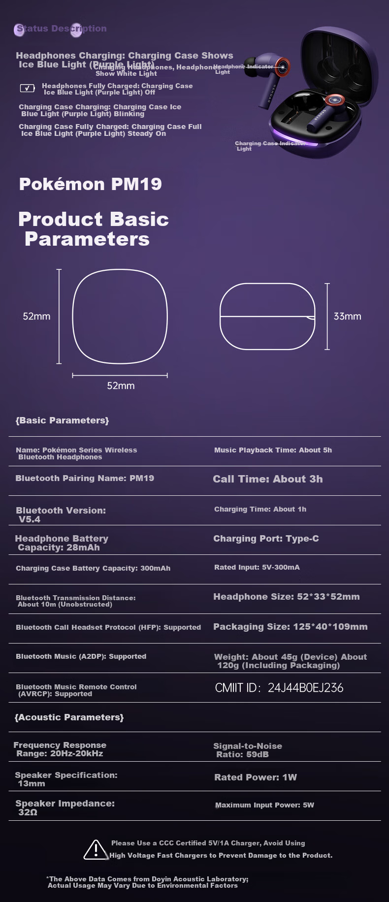 Chenfeng Pokémon Bluetooth In-Ear Wireless Earphones ANC Active Noise Cancelling Deep Bass Stereo Gaming Mode Music Earphones Long Battery Life Birthday Gift PM19 Vulpix 12