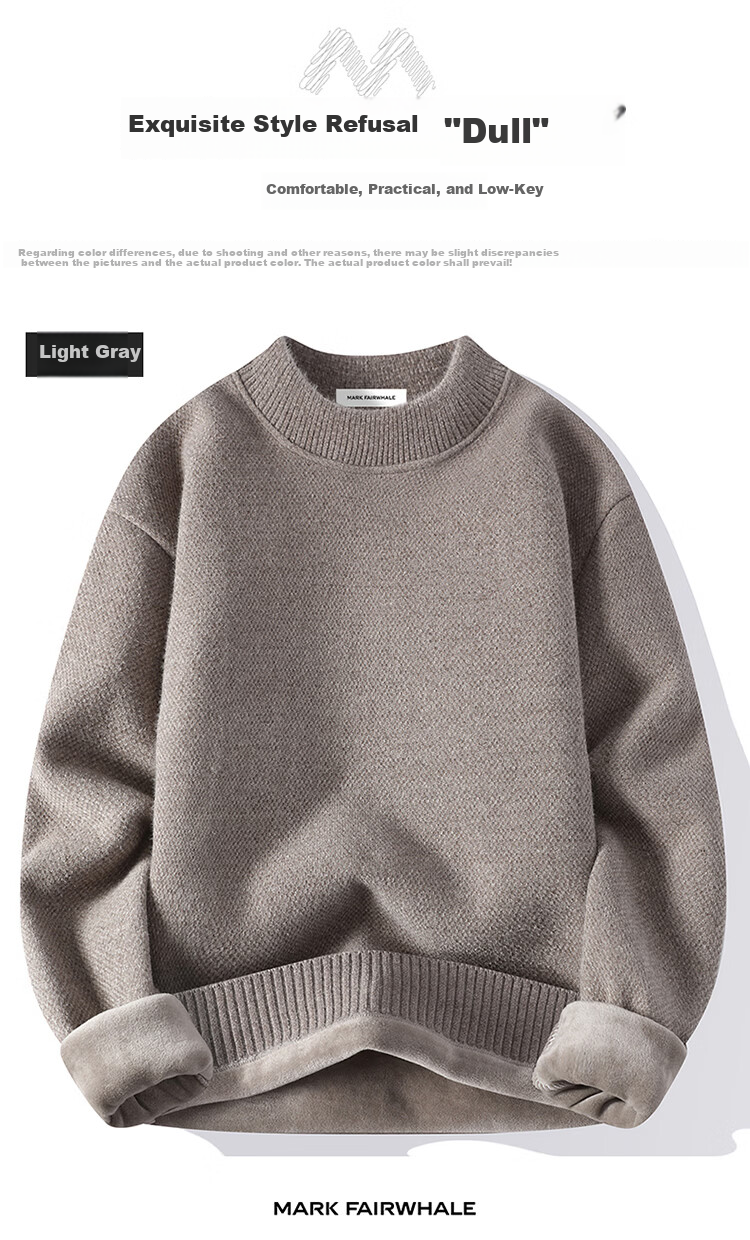 MARK FAIRWHALE Men's Winter Thick Fleece Knit Sweater, Fleece-Lined Warm Jacket, Light Gray, 3XL 4