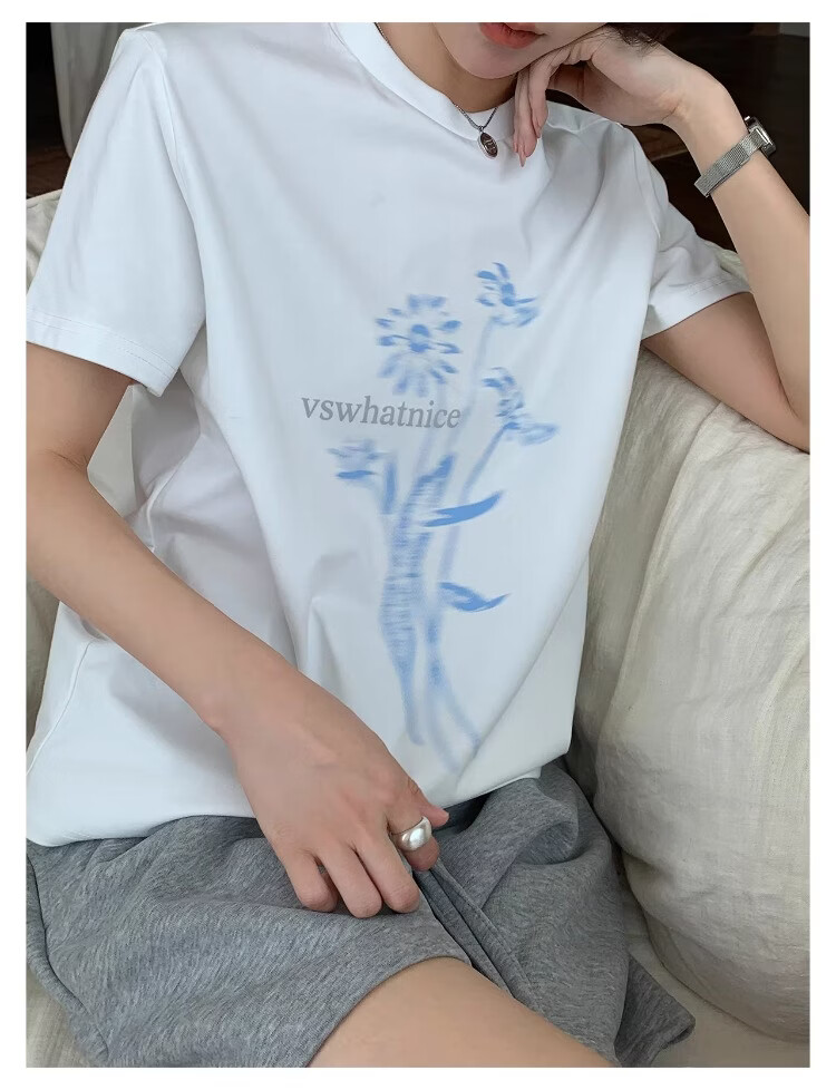 ICH MODE Floral Print Short Sleeve T-Shirt Women Spring Autumn New Korean Style Beautiful Shoulder Tee Navy Blue S 18