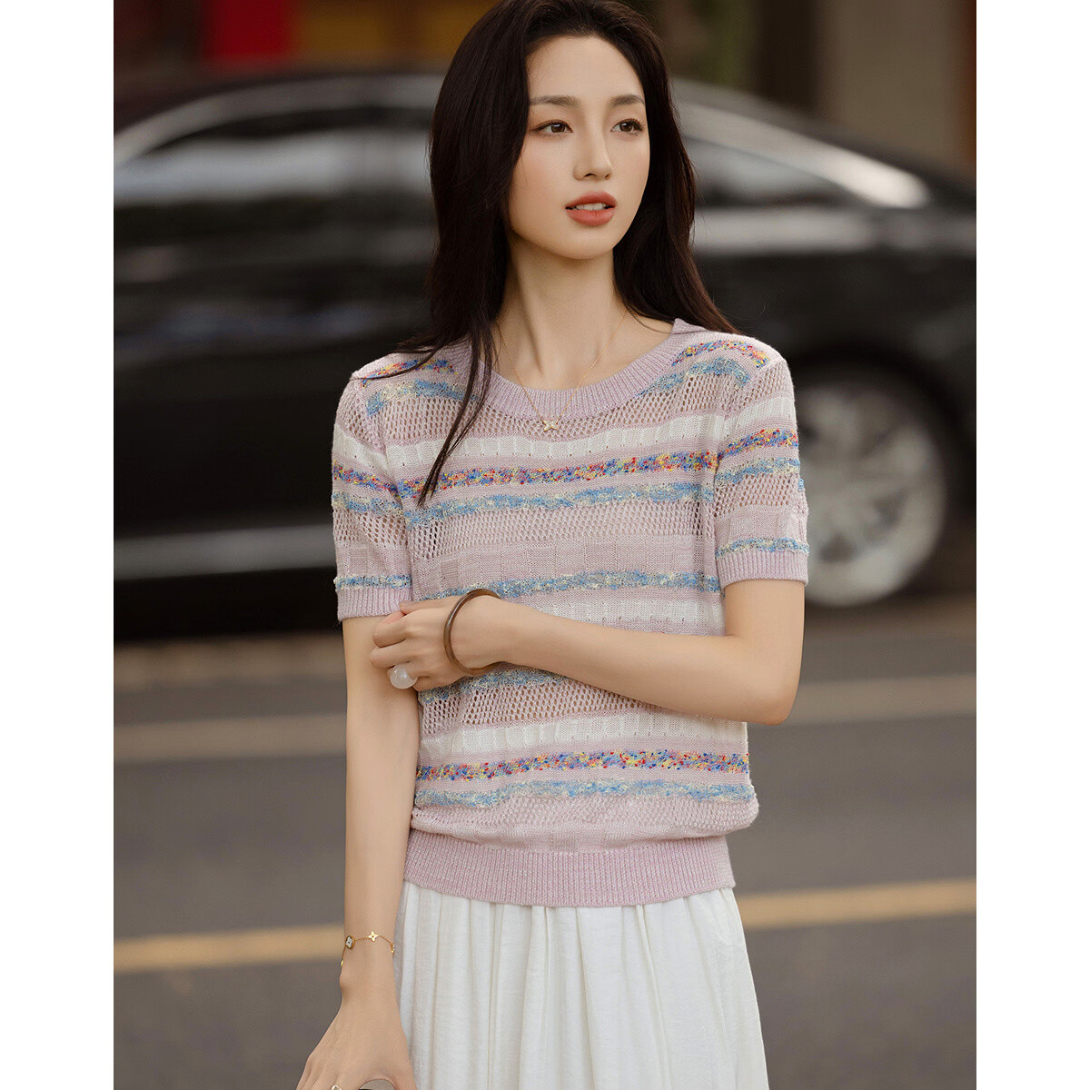 DemanaăMulberry Silk and Wool BlendăSpring Vintage Colorblock Striped Slim Fit Petite Women's Knit Sweater