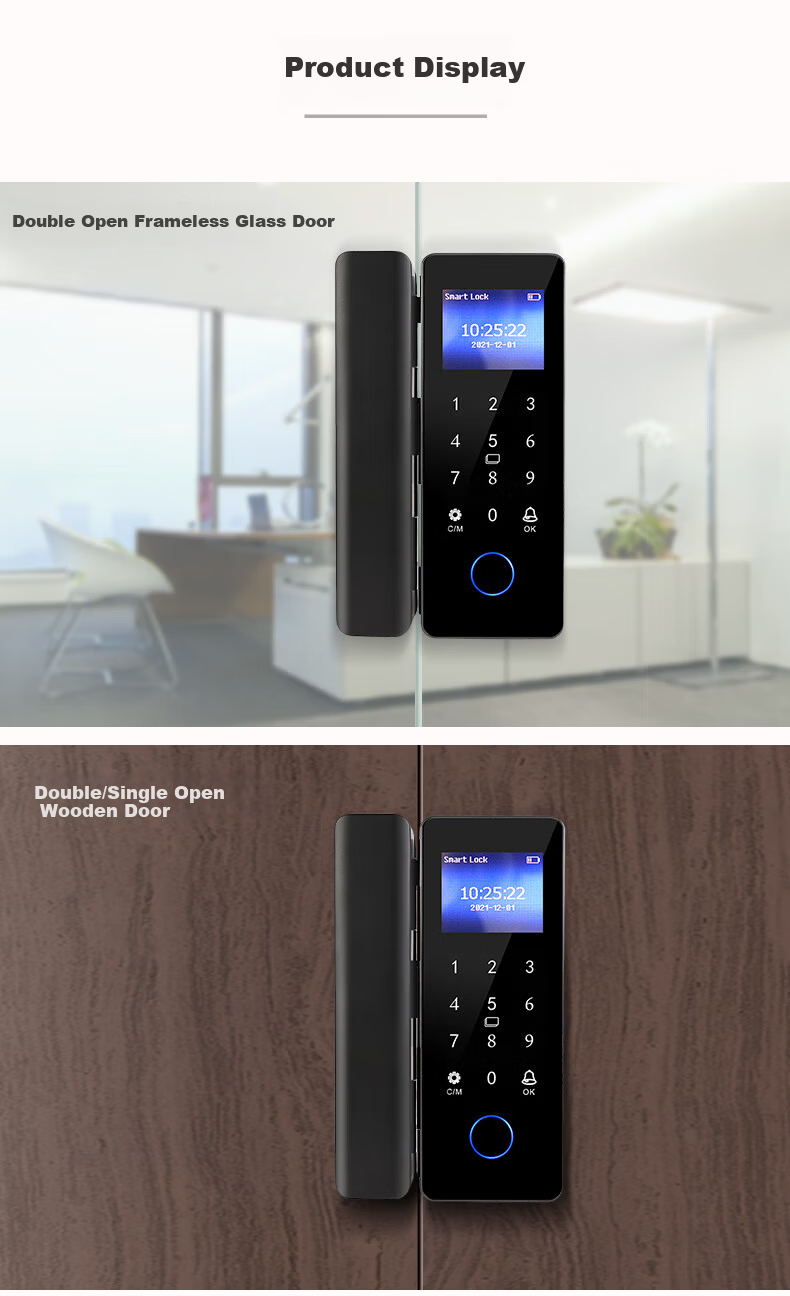 Youku Frameless Glass Door Fingerprint Lock, Wooden Door Fingerprint Door Lock, Single/double Electronic Password Lock for Access Control And Attendance with Screen, IC Card Mini Program Unlocking, DW-611 7