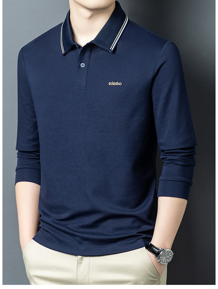 Edenbo Men's Long Sleeve Polo Shirt Long Staple Cotton Half Placket Top Black 170/88A (L) 11