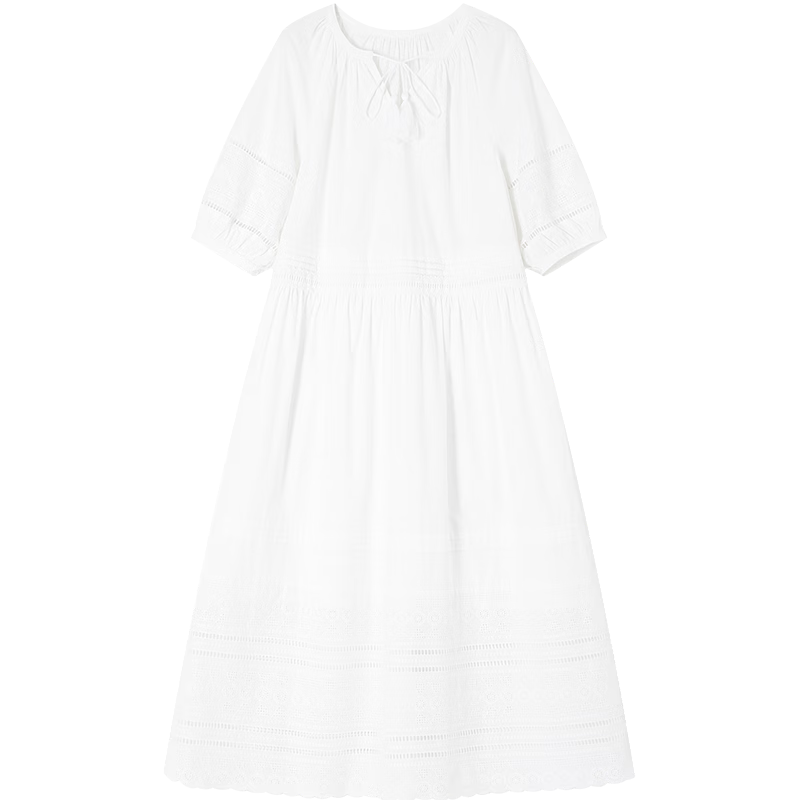 Demana Fresh Cotton Summer Elegant Tassel Ribbon Waist Slimming Conceal Body Dress for Women High-End Feel