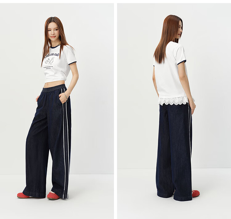 Semir Women's Summer Denim Jeans Lace Trim Wide Leg Loose Fit 2026 Lazy Floor-Length Pants 109326124008 9