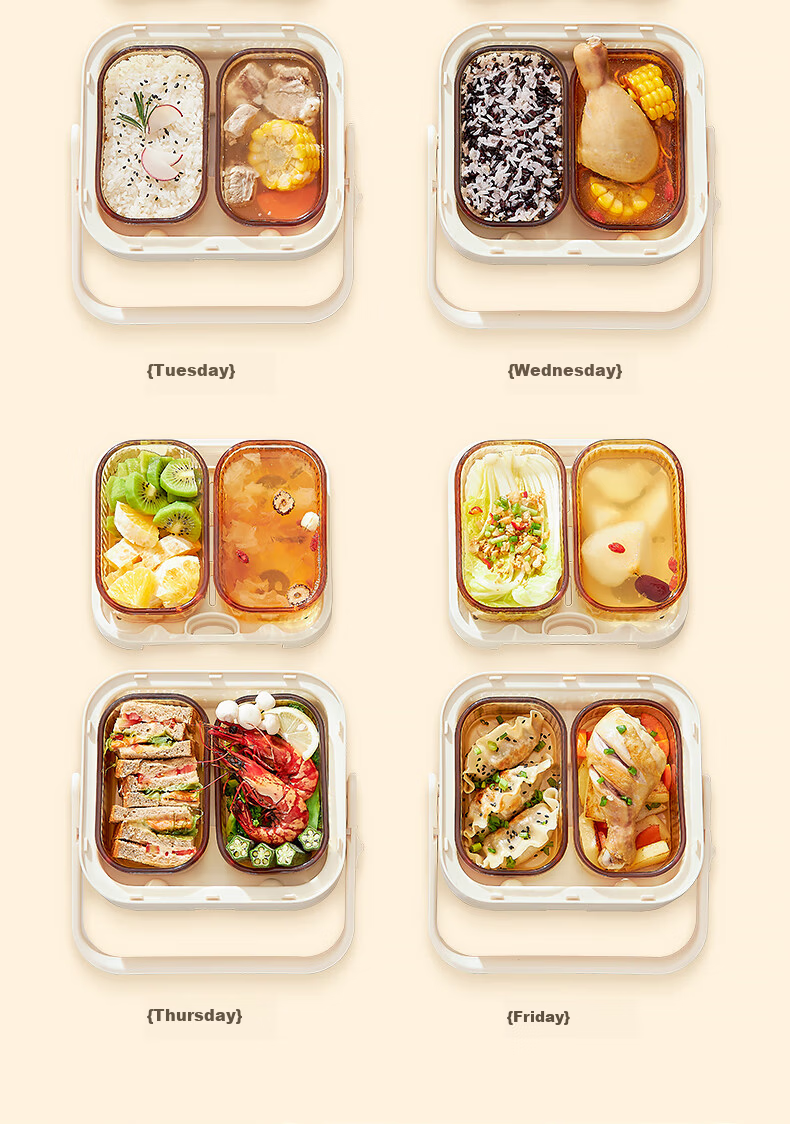Xike Electric Heated Lunch Box Glass Heating Lunch Box Insulated Double-Layer Four-Compartment Office Steaming Cooker with Reservation for Office Workers Bento Box DFH-001 11