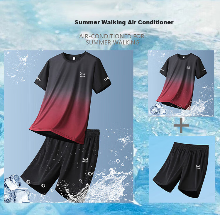 MiiOW Men's Summer Ice Cooling Breathable Crew Neck T-Shirt and Casual Versatile Five-Point Pants Two-Piece Set Black Gray XL 2