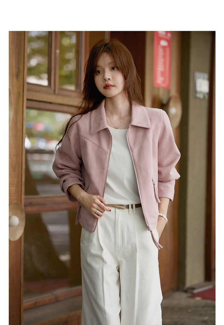 Mt [Mist Wild Rose] Spring Sweet Cool Style Suede Lapel Zipper Loose Short Women's Jacket Coat 3