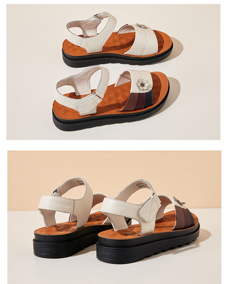 LAORENTOU Women's Genuine Leather Flat Sandals, Beach Non-Slip Soft Sole Middle-Aged and Elderly Sandals LK13182 - Black Size 35 13