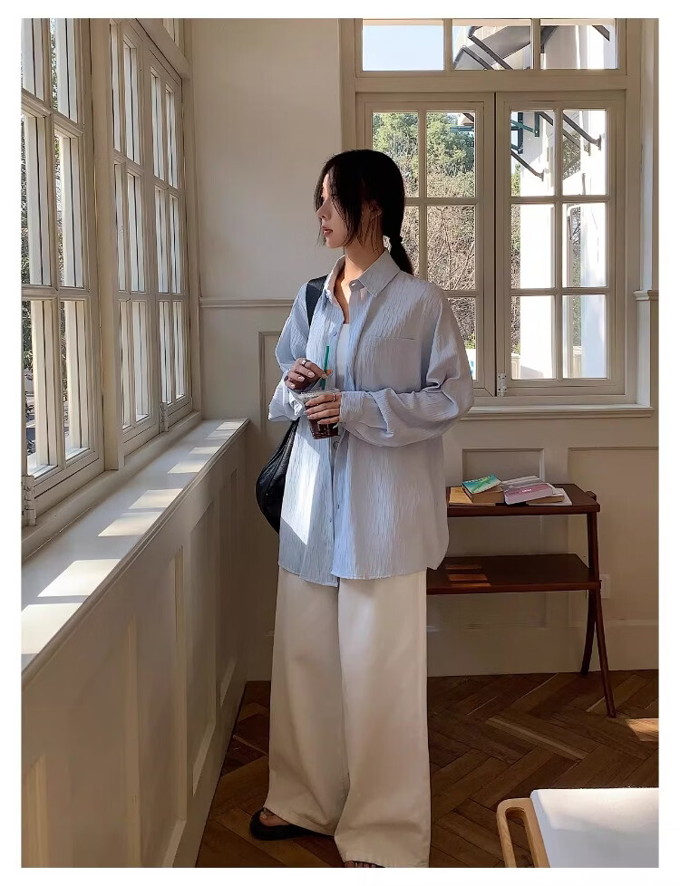ICH MODE Textured Lazy Style Physical Sun Protection Long Sleeve Shirt Island Vacation White S 13
