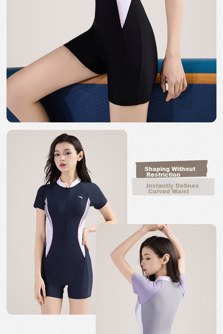 Anta Women's New Short Sleeve One-Piece Swimsuit Slim Fit Conservative Professional Racing Swimwear Purple Gray M 4