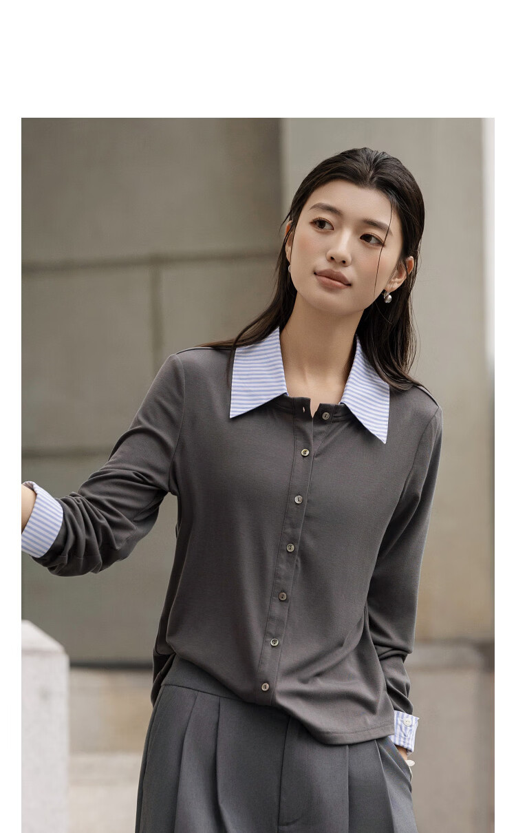 Demana [with Lyocell] Spring Elegant Color-Block Striped Patchwork Design Lapel Petite Women's T-Shirt 11