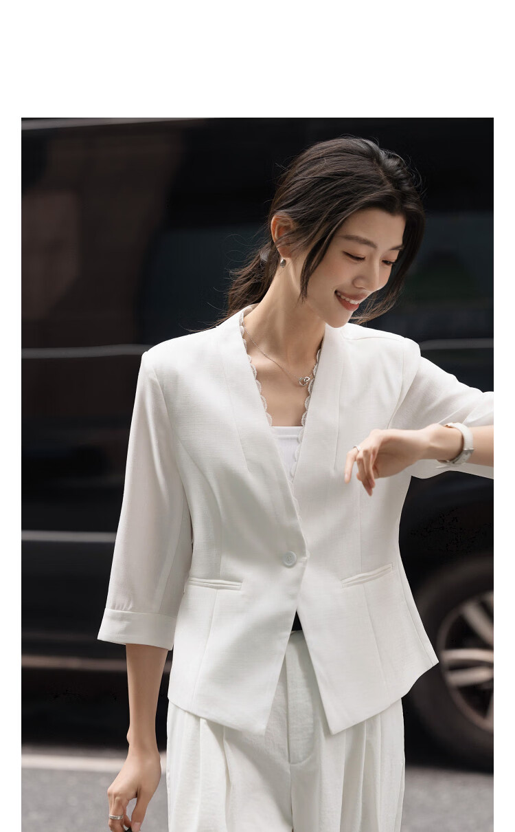 Demana [Light Business] Spring V-Neck Lace Single Button Three-Quarter Sleeve Double Piped Pocket Waist-Cinched Women's Blazer 11