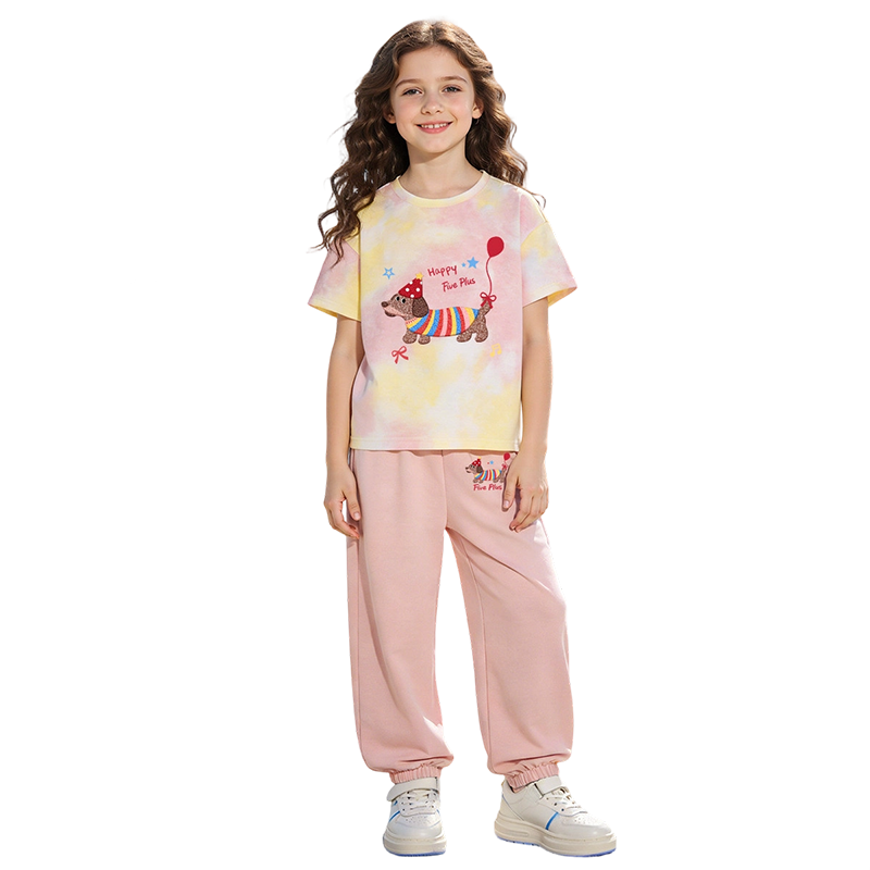 FivePlus Girls' Summer Outfit Set, 2026 New Stylish Two-Piece Set, Pure Cotton Children's Short-Sleeve Mosquito-Proof Pants, Yellow And Pink, Size 120